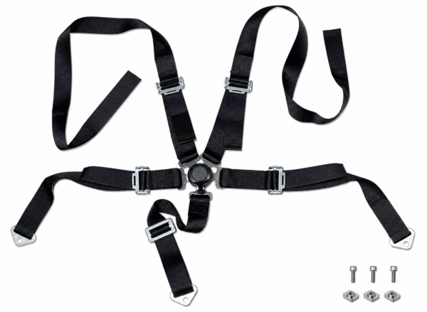 REACTOR five-point harness – overview Black five-point sim racing harness with central buckle and mounting hardware